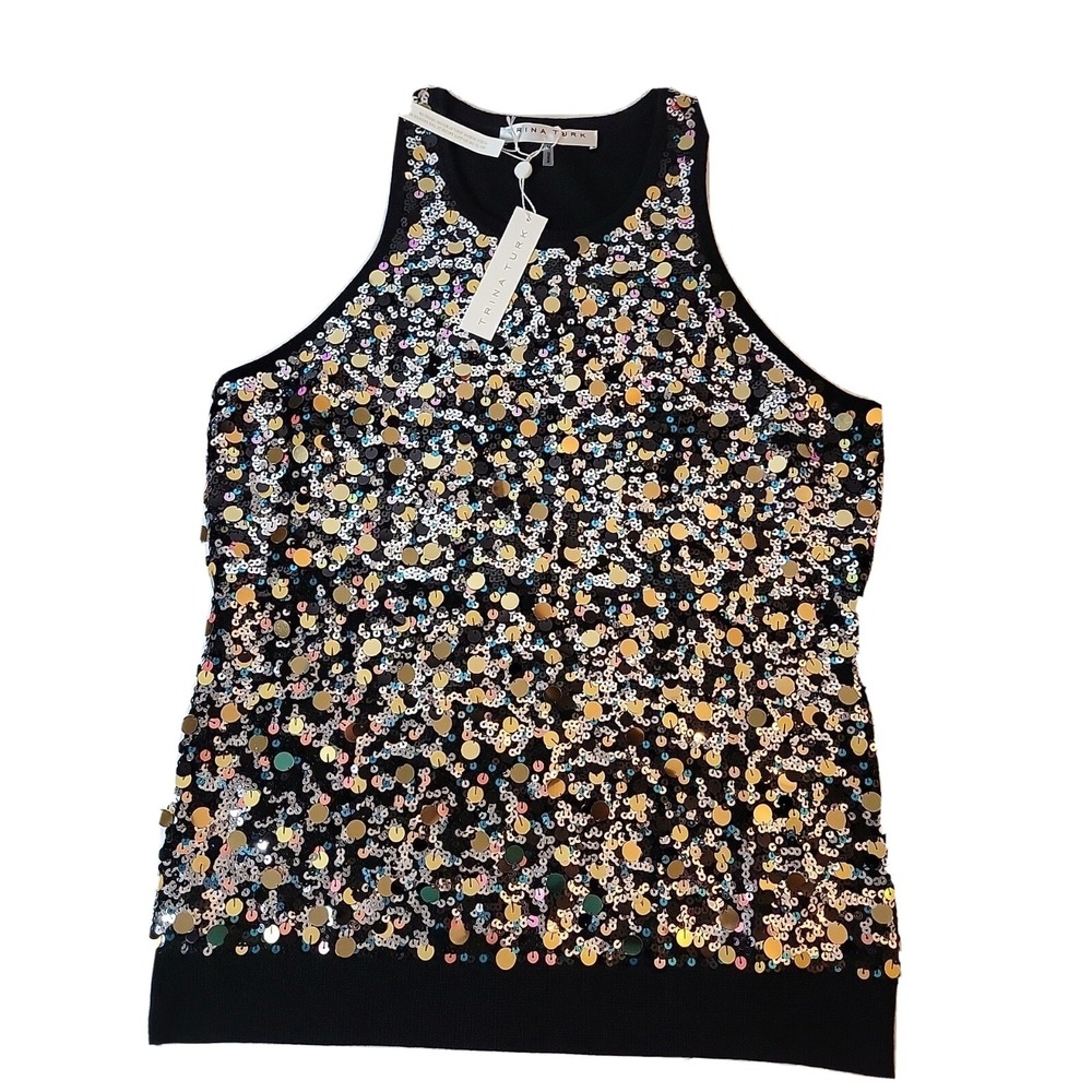 Trina Turk Dynasty Sequin Sleeveless 100% Merino Wool Knit Top